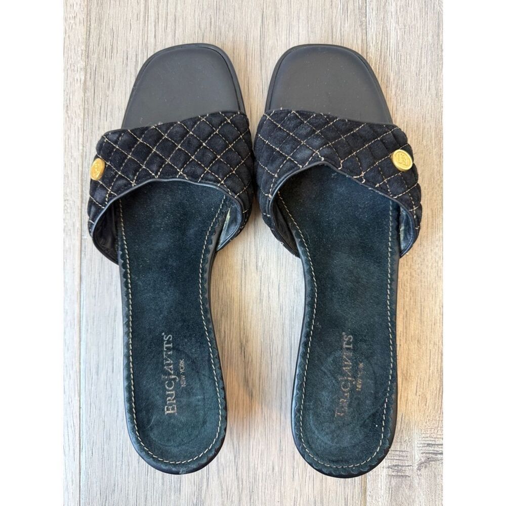 Eric Javits Black Quilted Leather Slide Mules